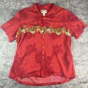 Paradise Found Shirt Mens XL Red Floral Casual Button Up Hawaiian Hula Girls Vtg